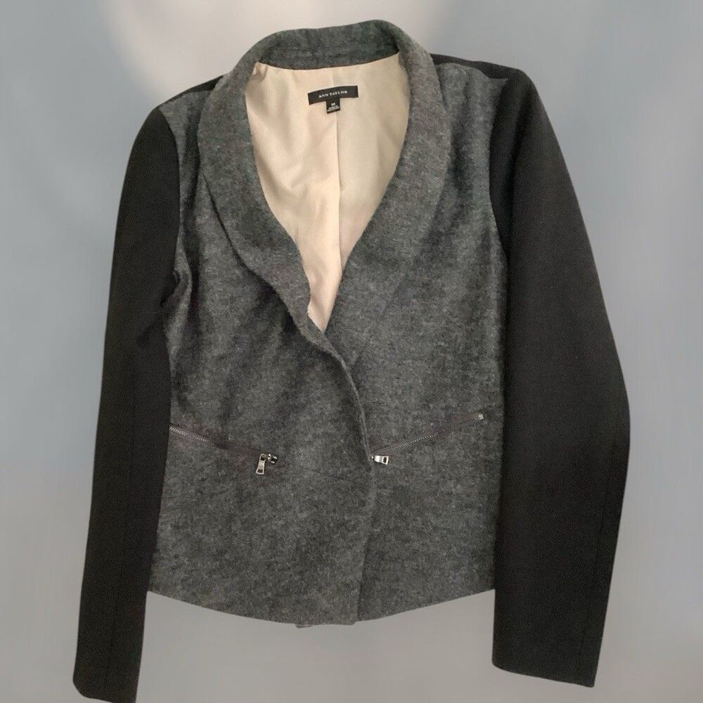 Ann Taylor Blazer Women's Black And Gray Two Tone Open Wool Blend Size 10